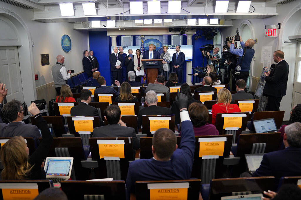 President Donald Trump speaks during a press briefing with the coronavirus task force, in the B ...