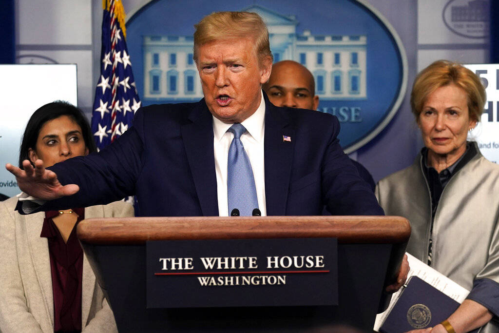 President Donald Trump speaks during a press briefing with the coronavirus task force, in the B ...