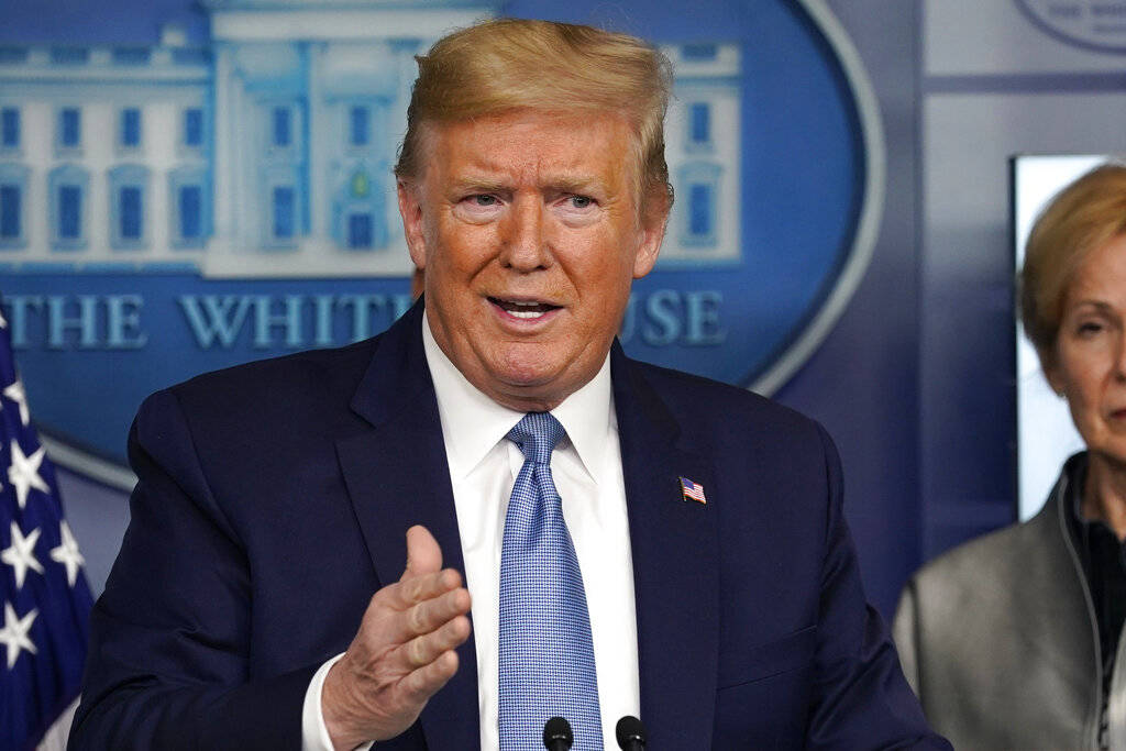 President Donald Trump speaks during a press briefing with the coronavirus task force, in the B ...