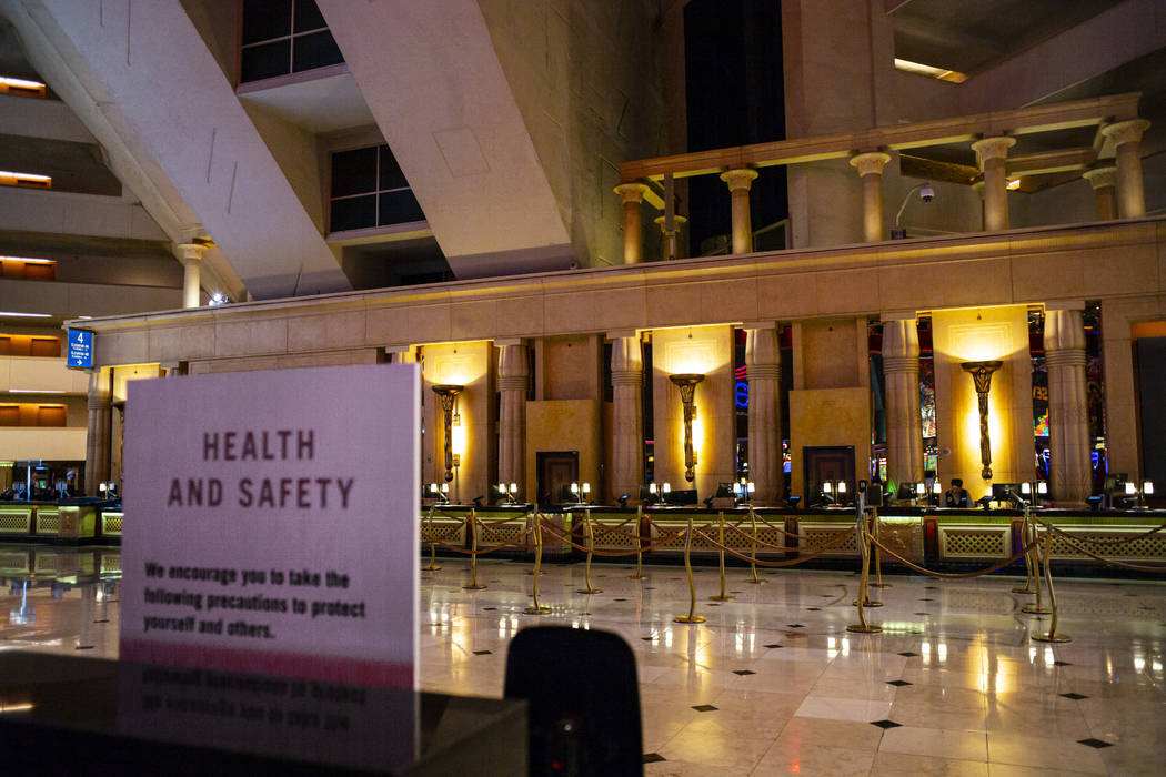 The front desk at the Luxor in Las Vegas just after midnight on Tuesday, March 17, 2020. MGM Re ...