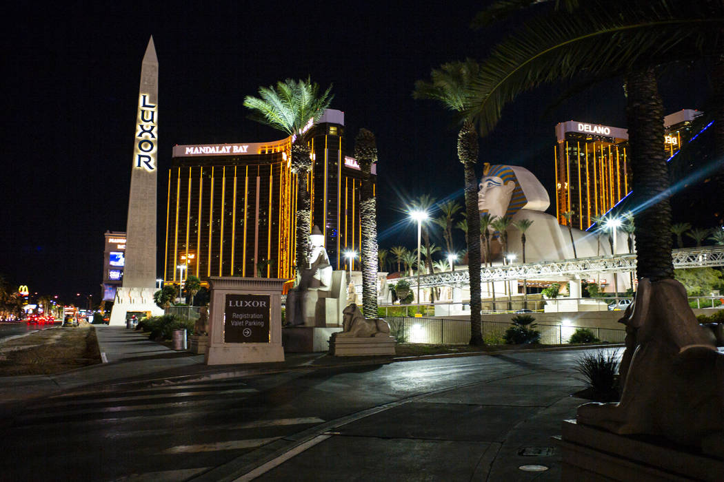 A view of the Luxor in Las Vegas on Monday, March 16, 2020. MGM Resorts International propertie ...