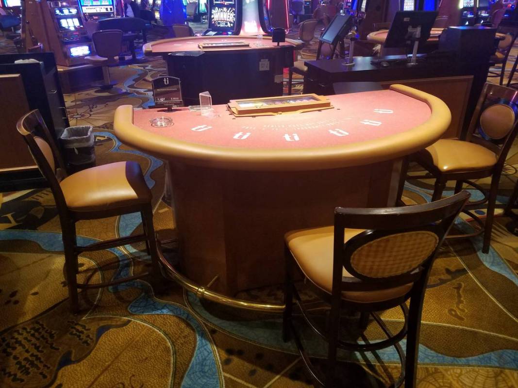 The new set-up for table games at TI with three seats to promote social distancing on Tuesday, ...