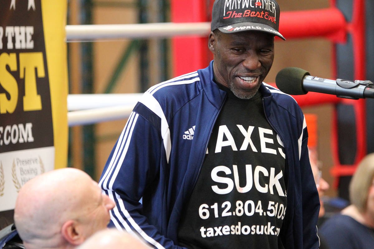 Retired boxer Roger Mayweather gives a speech after being inducted to the Nevada Boxing Hall of ...