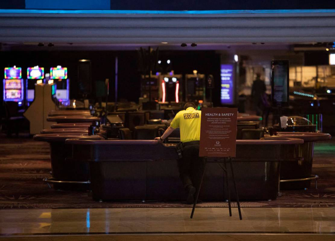 A security guard watches over the LINQ on the Las Vegas Strip on Tuesday, March 17, 2020, in La ...