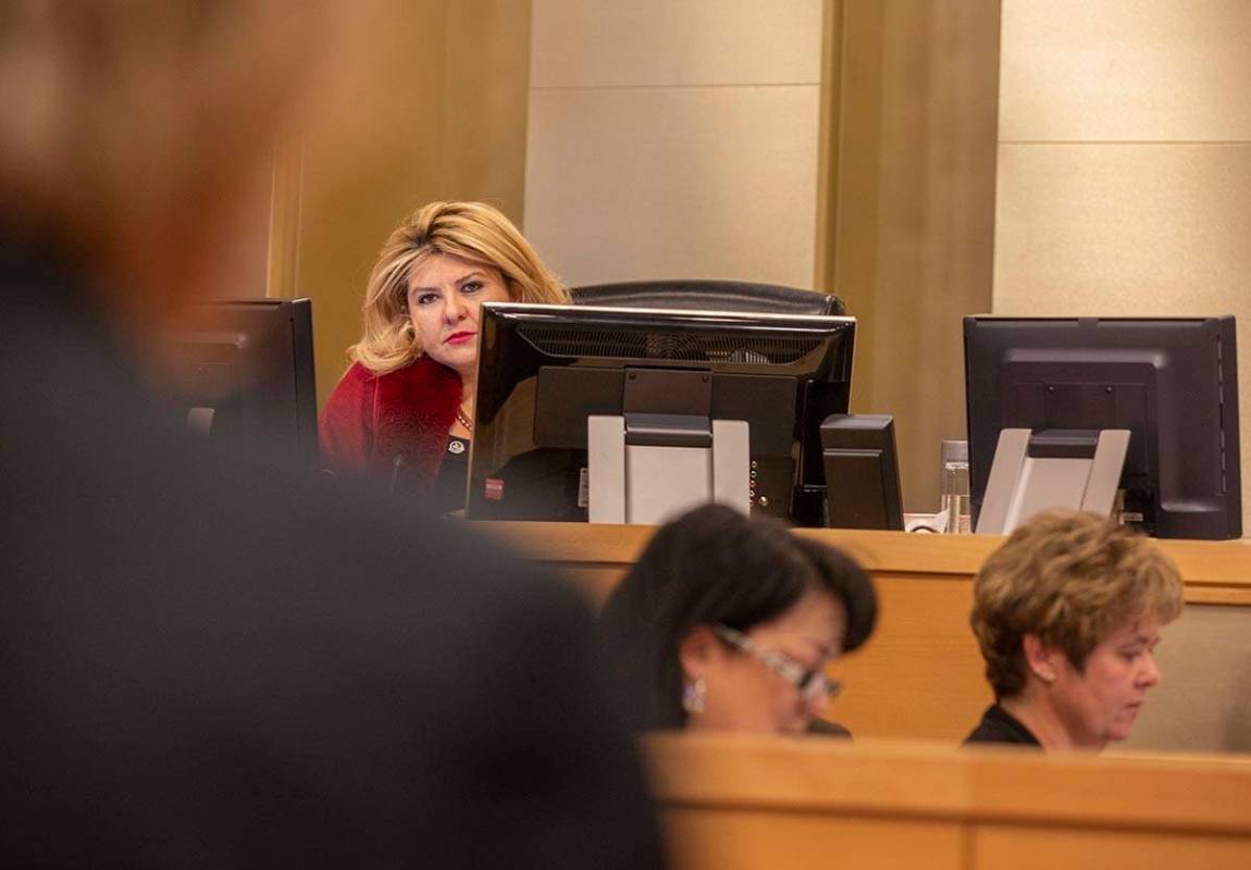Mayor Pro Tem Michele Fiore listens as Las Vegas Mayor Carolyn Goodman delivers a public statem ...