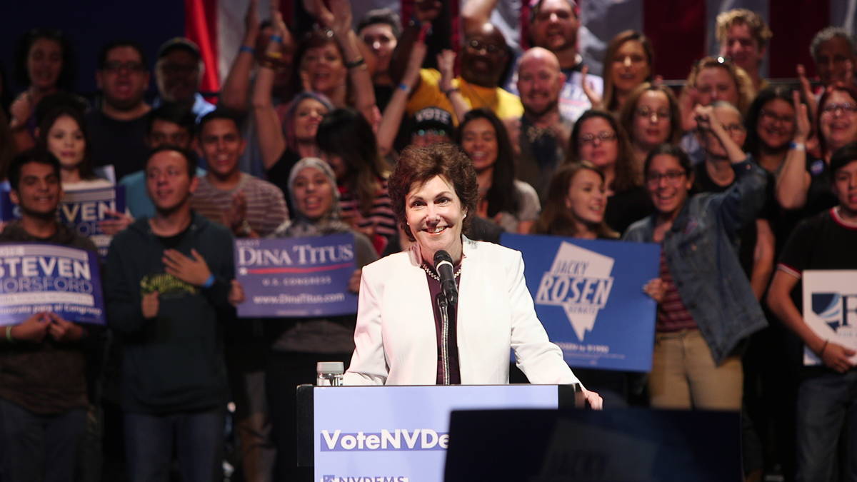 Sen. Jackie Rosen, D-Nev., speaks at a rally at the Las Vegas Academy of the Arts Performing Ar ...