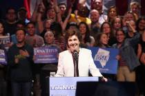 Sen. Jackie Rosen, D-Nev., speaks at a rally at the Las Vegas Academy of the Arts Performing Ar ...