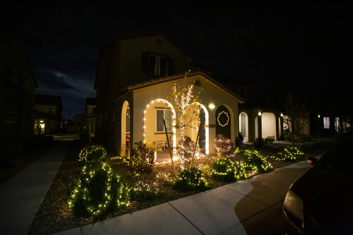 Lights at a home in the Inspirada community in Henderson on Thursday, March 26, 2020. (Chase St ...