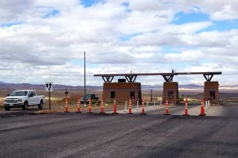 Cones were set up Tuesday in front of the Lake Mead Drive entrance to Lake Mead National Recrea ...