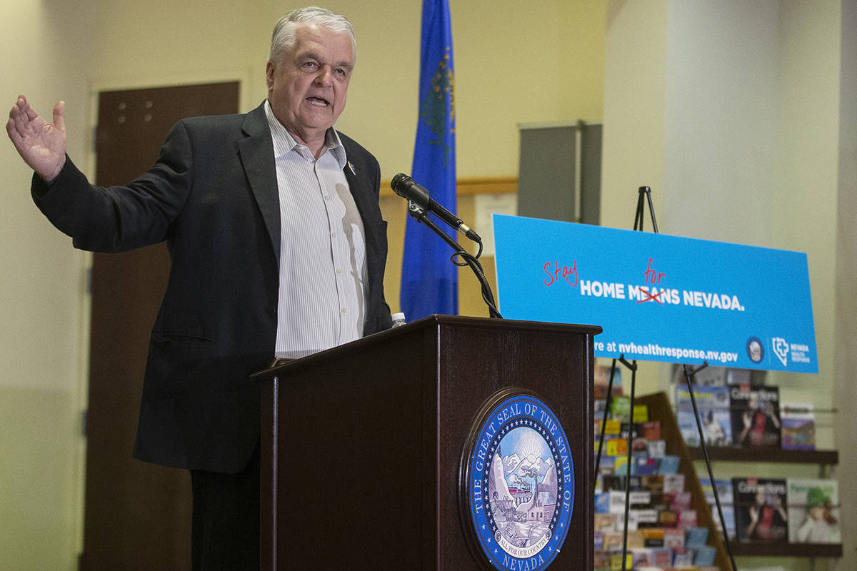 Gov. Steve Sisolak speaks during a press conference to announce the closure of all nonessential ...