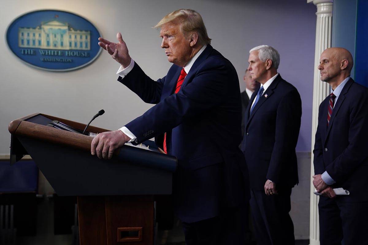 President Donald Trump speaks during press briefing with the coronavirus task force, at the Whi ...