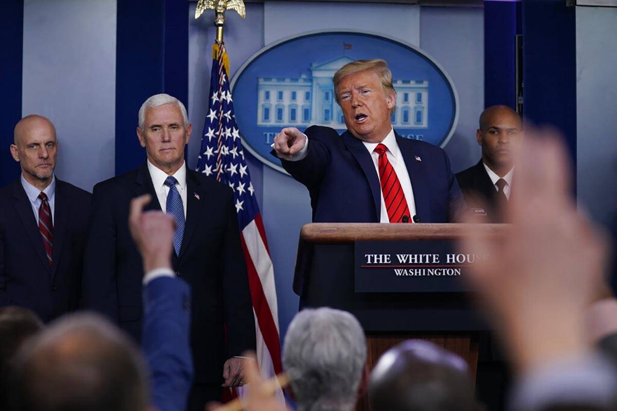 President Donald Trump takes questions during press briefing with the coronavirus task force, a ...