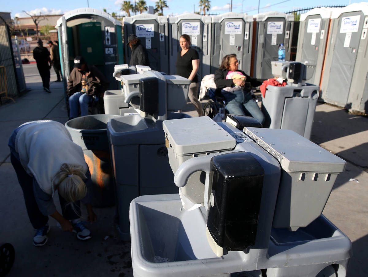Hand washing stations at The Courtyard Homeless Resource Center in downtown Las Vegas Tuesday, ...