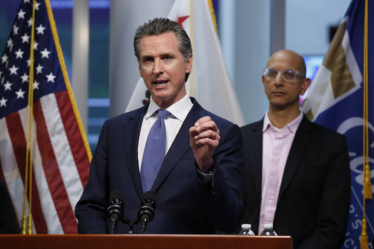 California Gov. Gavin Newsom gives an update to the state's response to the coronavirus at the ...