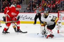 Vegas Golden Knights goaltender Marc-Andre Fleury (29) blocks a Detroit Red Wings left wing Tho ...