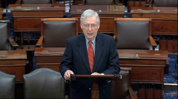 In this image from video, Senate Majority Leader Mitch McConnell, R-Ky., speaks on the Senate f ...