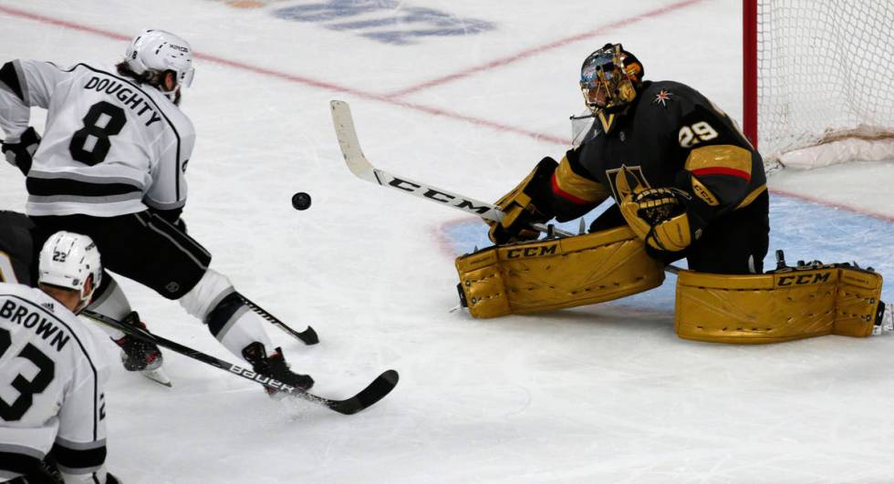 Vegas Golden Knights goaltender Marc-Andre Fleury (29) makes a save on a shot by Los Angeles Ki ...