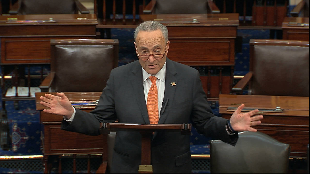 In this image from video, Senate Minority Leader Chuck Schumer, D-N.Y., speaks on the Senate fl ...