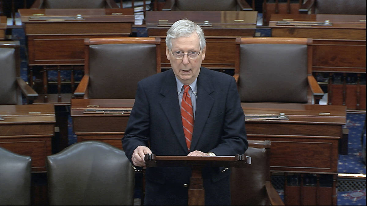 In this image from video, Senate Majority Leader Mitch McConnell, R-Ky., speaks on the Senate f ...