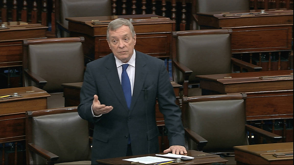 In this image from video, Sen. Dick Durbin, D-Ill., speaks on the Senate floor at the U.S. Capi ...