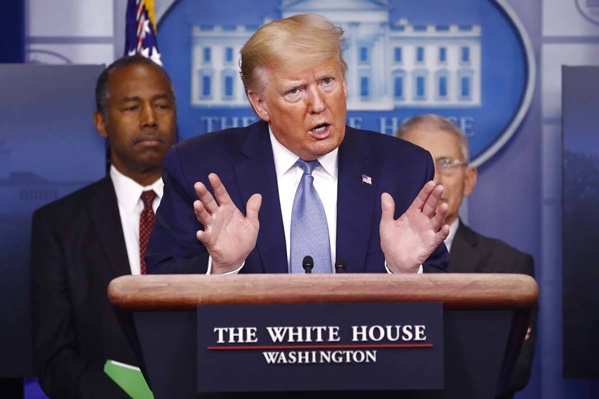 President Donald Trump speaks during a coronavirus task force briefing at the White House, Satu ...