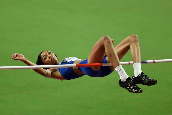 Vashti Cunningham, of the United States, makes an attempt in the women's high jump final during ...