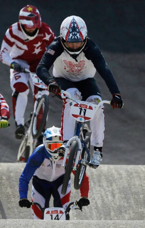 United States' Connor Fields (11) competes in a BMX cycling men's semifinal run during the 201 ...