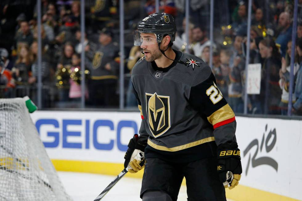 Vegas Golden Knights defenseman Alec Martinez (23) warms up before an NHL hockey game against t ...