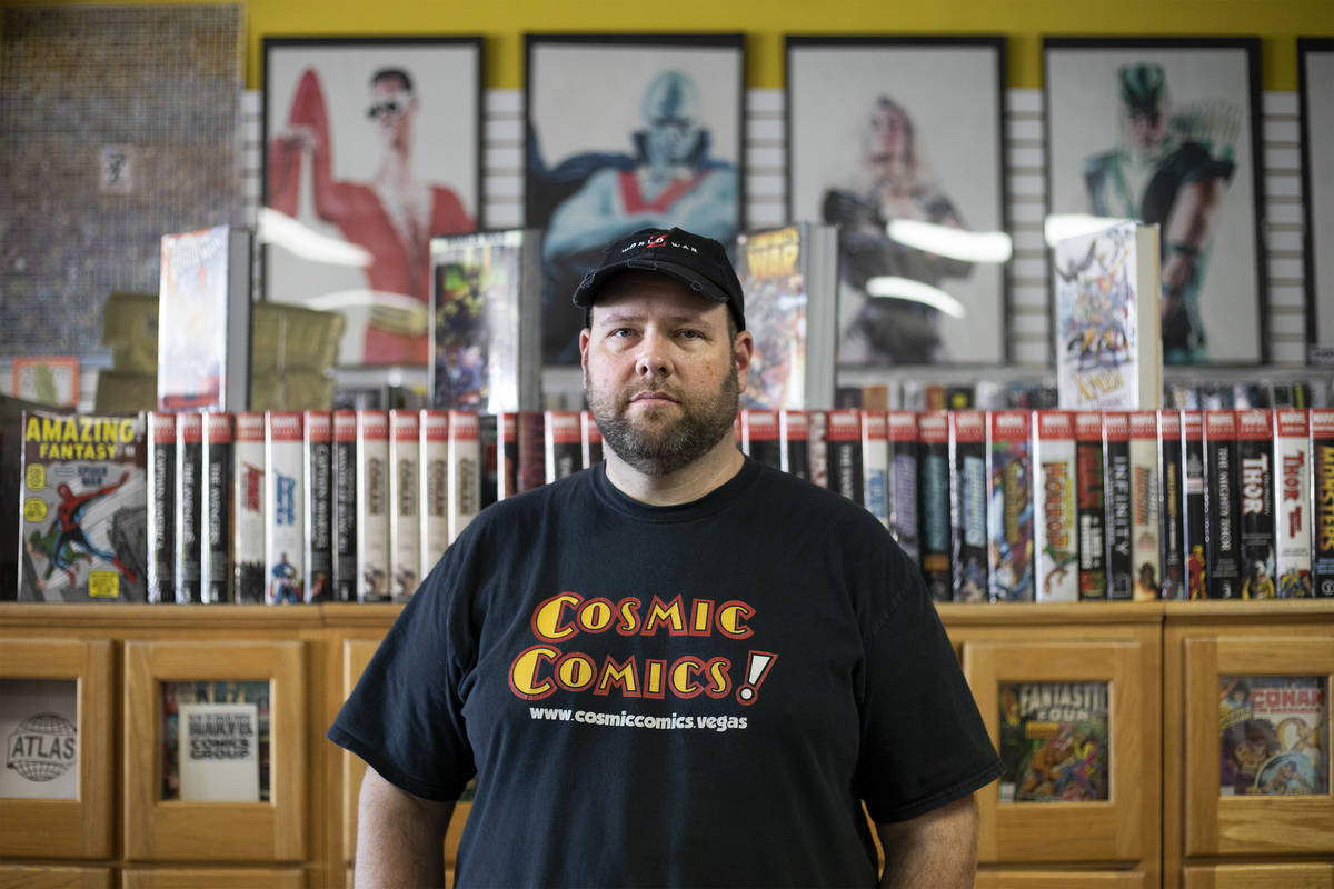 Brian Fudge, owner of Cosmic Comics, in his store on Tuesday, March 24, 2020, in Las Vegas. The ...