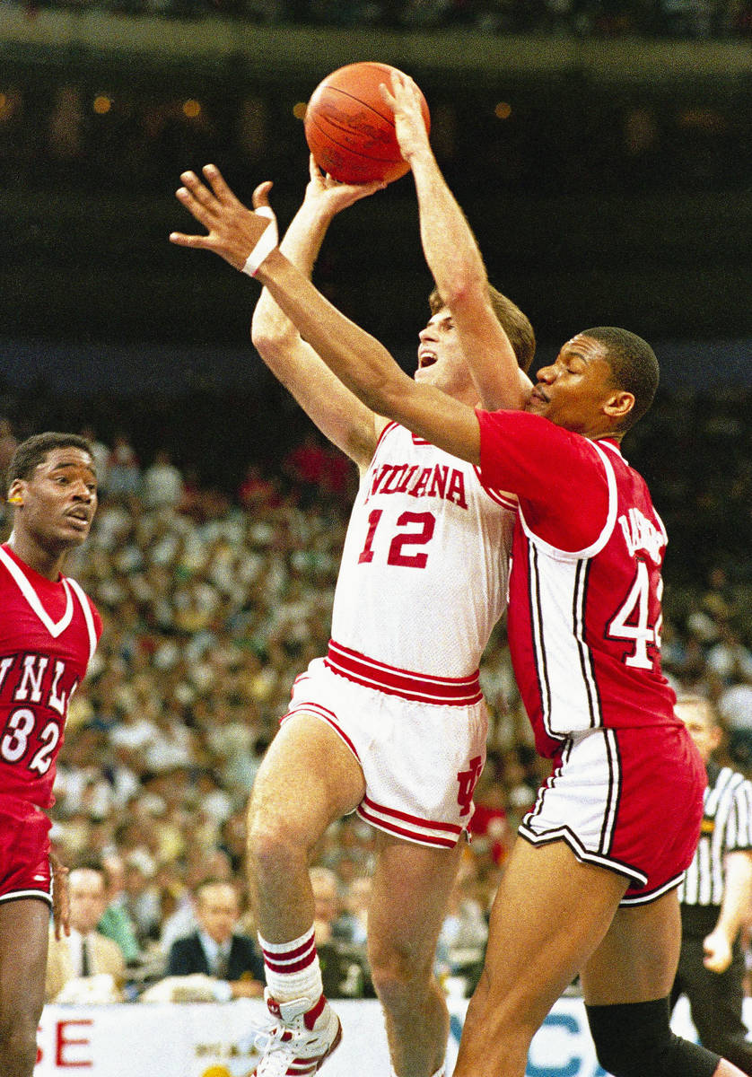 Indiana's Steve Alford shoots past UNLV (University of Nevada) Jarvis Basnight during NCAA fin ...