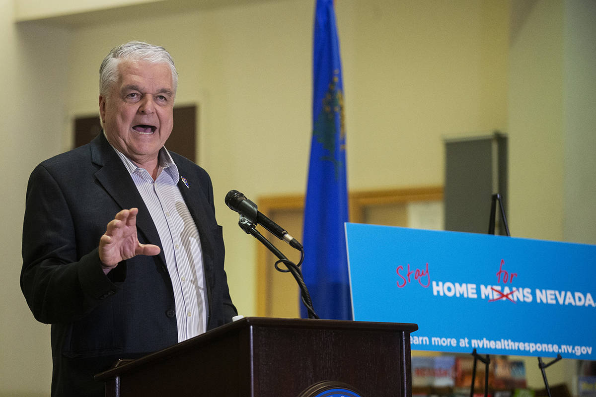 Gov. Steve Sisolak speaks during a press conference to announce the closure of all non-essentia ...