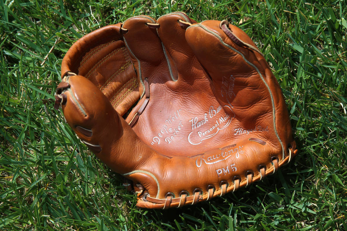 Mike Guerra's Hank Bauer model glove at his Las Vegas home, Tuesday, March 24, 2020. Guerra is ...