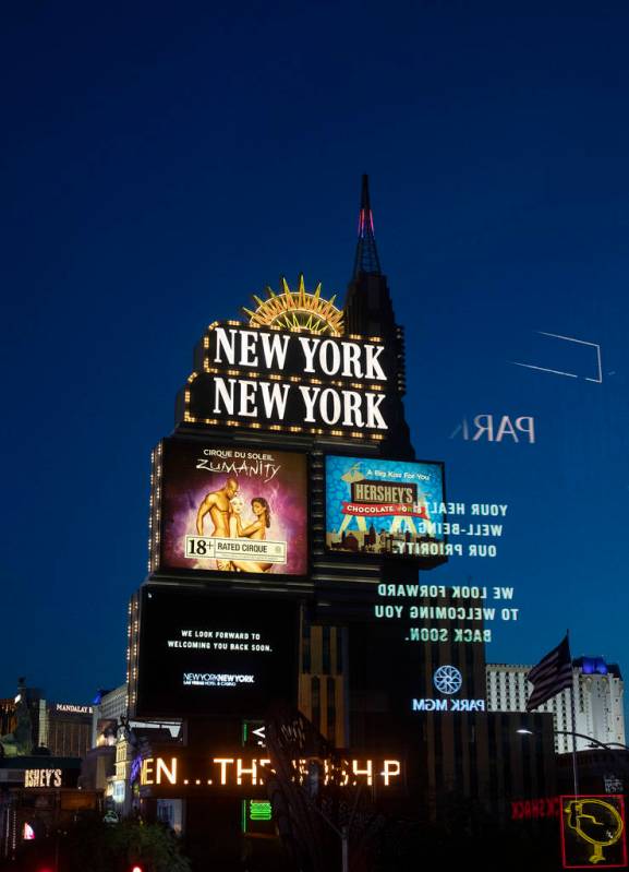 The New York New York marquee shows an MGM message on the Strip on Tuesday, March 24, 2020, in ...