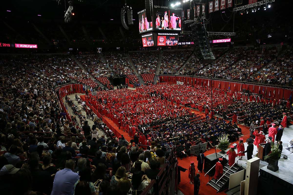 Students participate during the UNLV commencement ceremony at the Thomas & Mack Center in Las V ...