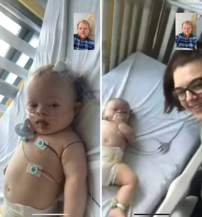 A screenshot of Cody Anderson FaceTiming with his wife, Rachael, and their son, Caleb, who doct ...