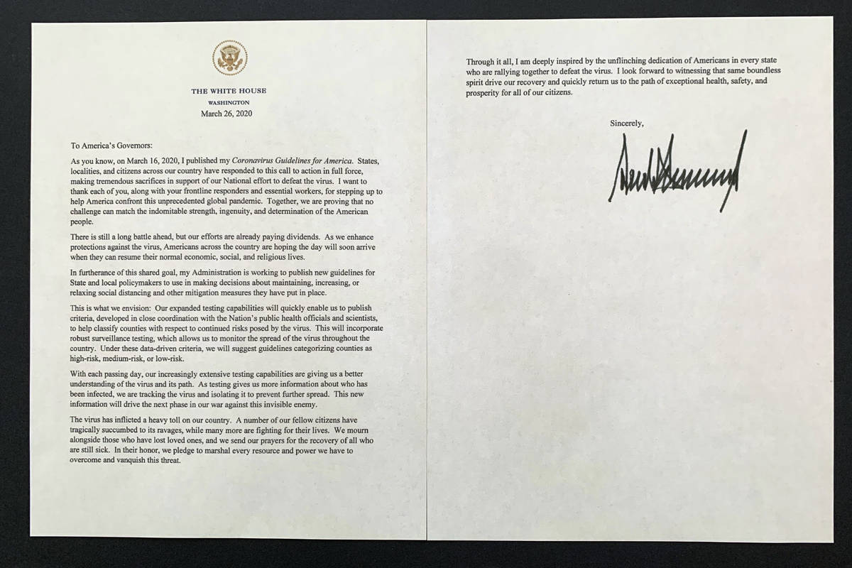 A letter from President Donald Trump to the nation's governors is photographed Thursday, March ...
