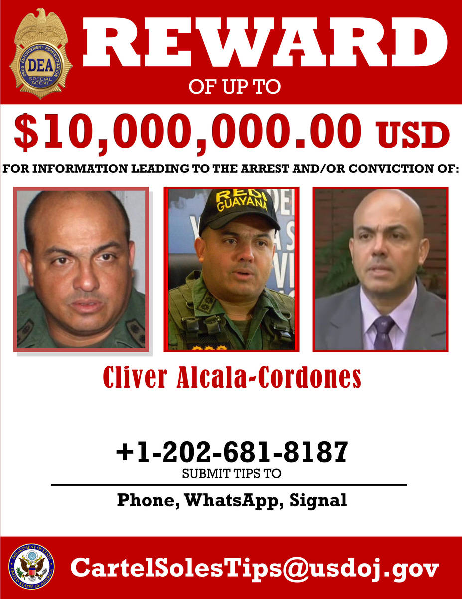 This image provided by the U.S. Department of Justice shows a reward poster for Cliver Alcala-C ...