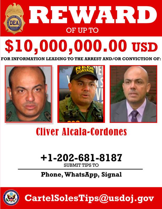 This image provided by the U.S. Department of Justice shows a reward poster for Cliver Alcala-C ...