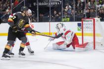 Vegas Golden Knights left wing Max Pacioretty (67) scores a first period goal against Carolina ...