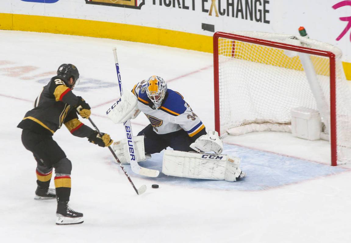 Golden Knights' Chandler Stephenson (20) lines up his game-winning shot against St. Louis Blues ...