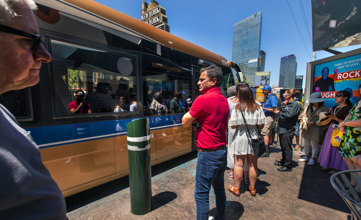 An RTC bus picks up passengers near the MGM Grand on the Strip on Tuesday, Aug. 13, 2019 in Las ...