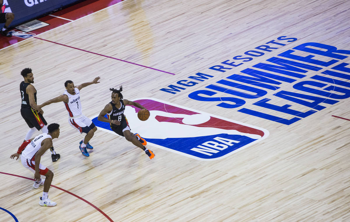 Atlanta Hawks' Tahjre McCall (8) brings the ball up court past Washington Wizards' Justin Robin ...