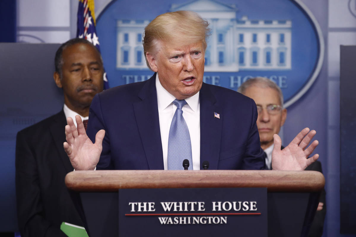 President Donald Trump speaks during a coronavirus task force briefing at the White House, Satu ...