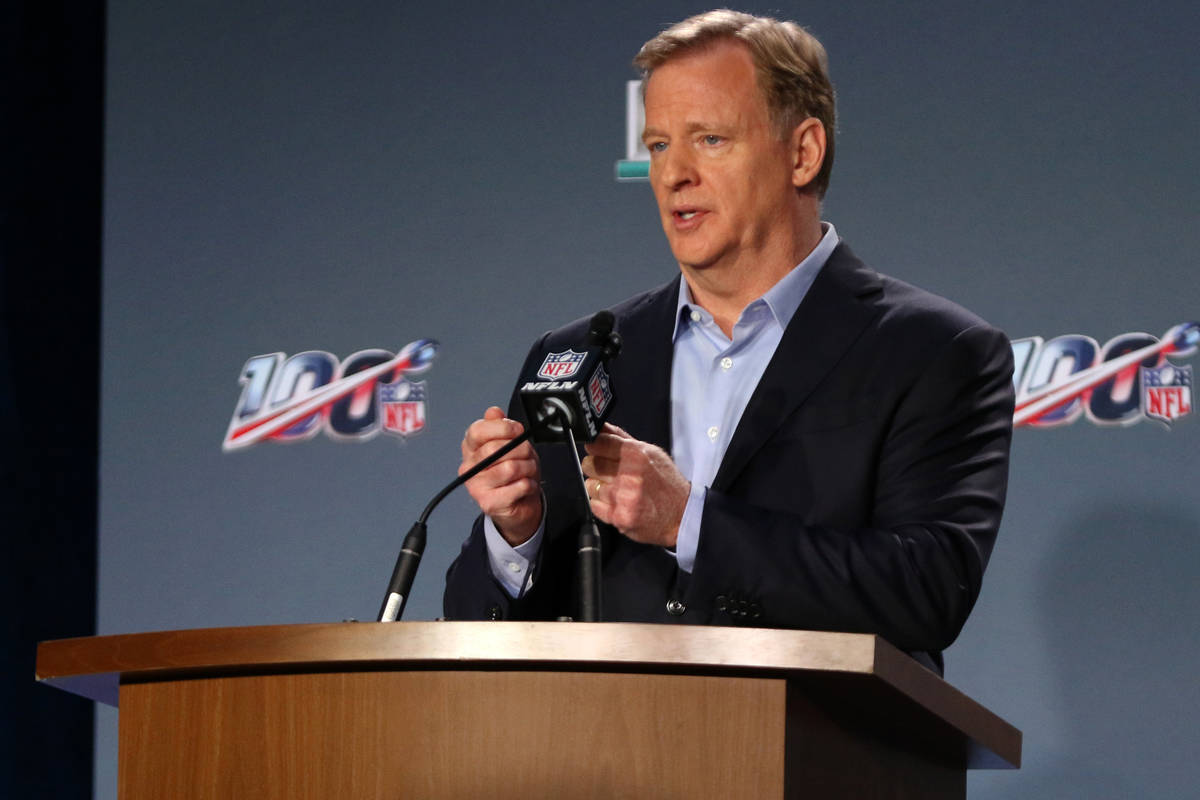 NFL Commissioner Roger Goodell speaks to media during his Super Bowl LIV news conference at the ...