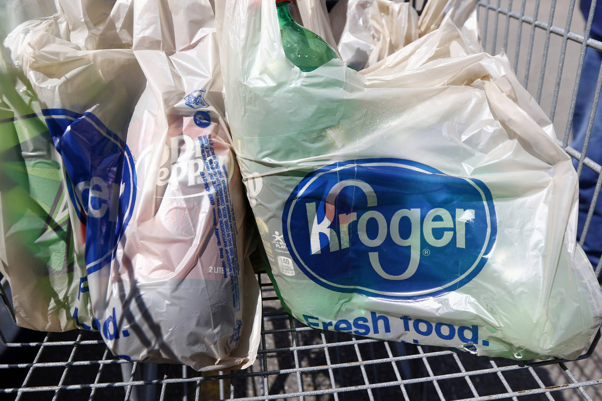 Bagged purchases from the Kroger grocery store in Flowood, Miss., are seen in 2017. (AP Photo/R ...