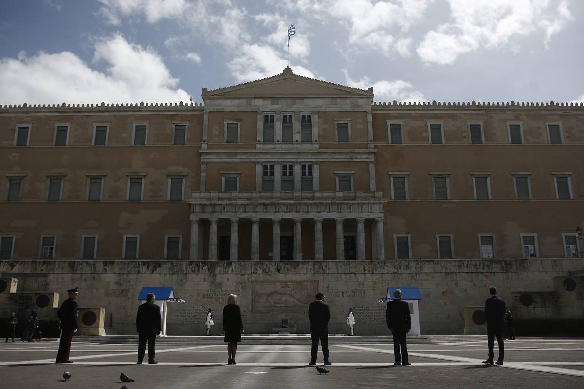 From right to left, Greek Prime minister Kyriakos Mitsotakis, Spokesman of the Greek Parliament ...