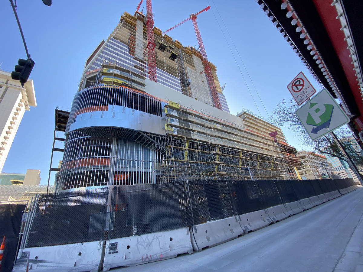 Work continues Monday, March 30, 2020, at the construction site of the Circa hotel-casino in do ...