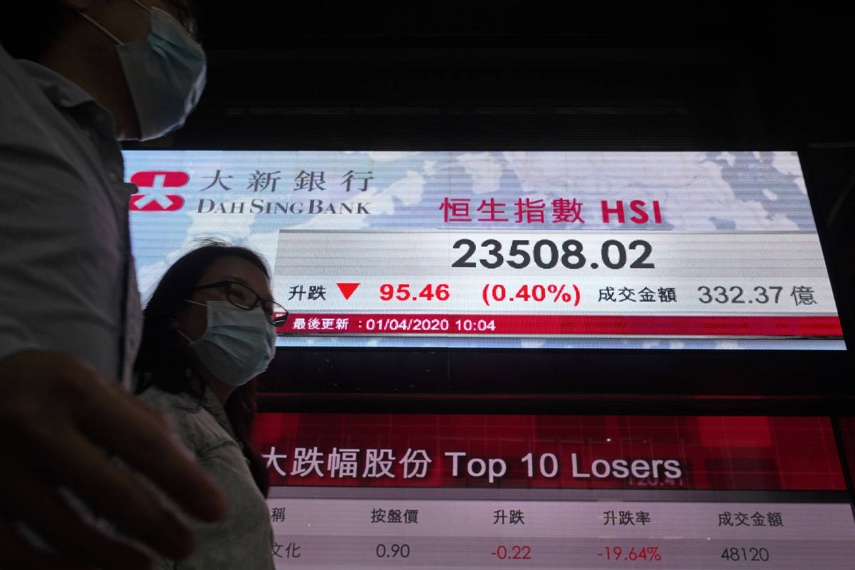 People wearing face masks walk past a bank's electronic board showing the Hong Kong share index ...
