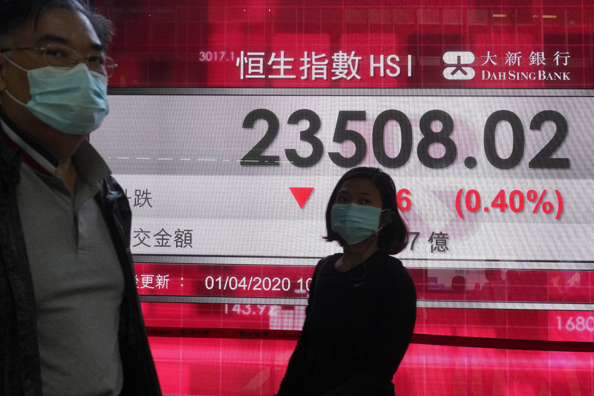 People wearing face masks walk past a bank's electronic board showing the Hong Kong share index ...