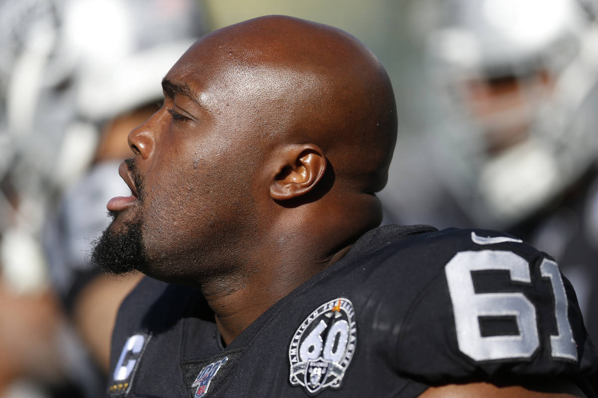 Oakland Raiders center Rodney Hudson during the first half of an NFL football game in Oakland, ...